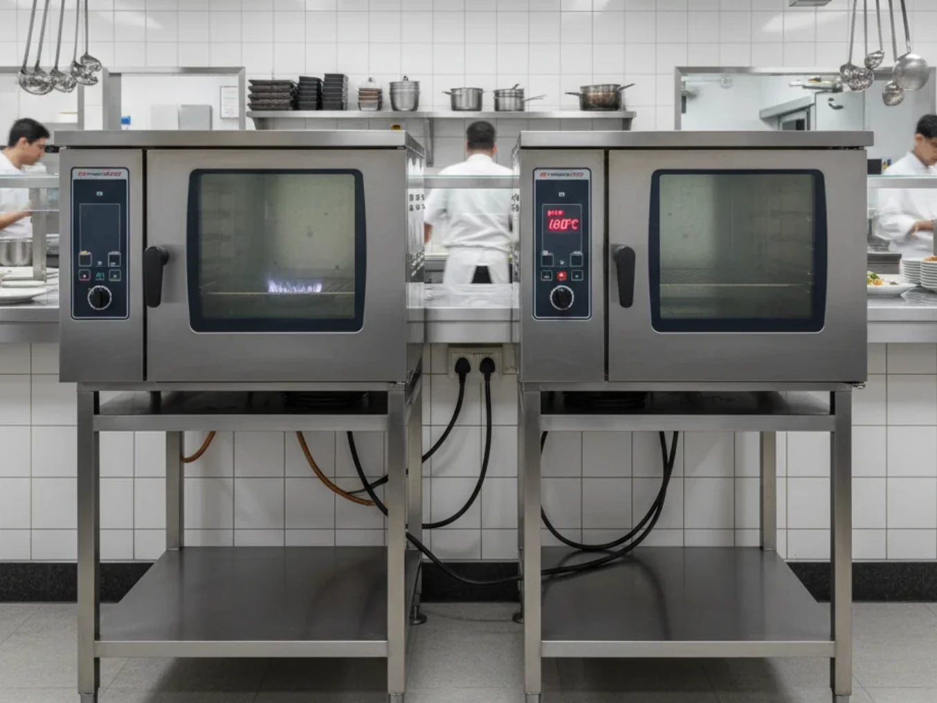 Two combi ovens on stainless steel stands in a working commercial kitchen