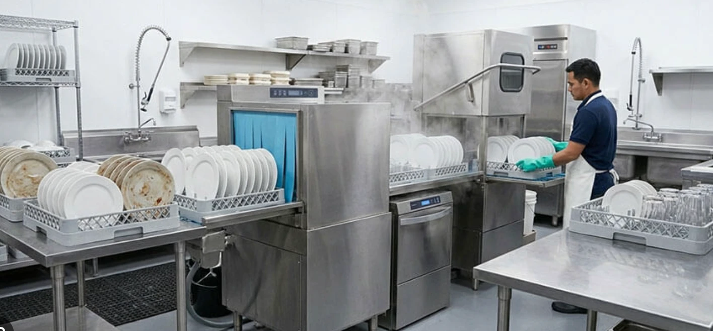 Commercial kitchen wash area with a pass-through dishwasher and racks of clean plates